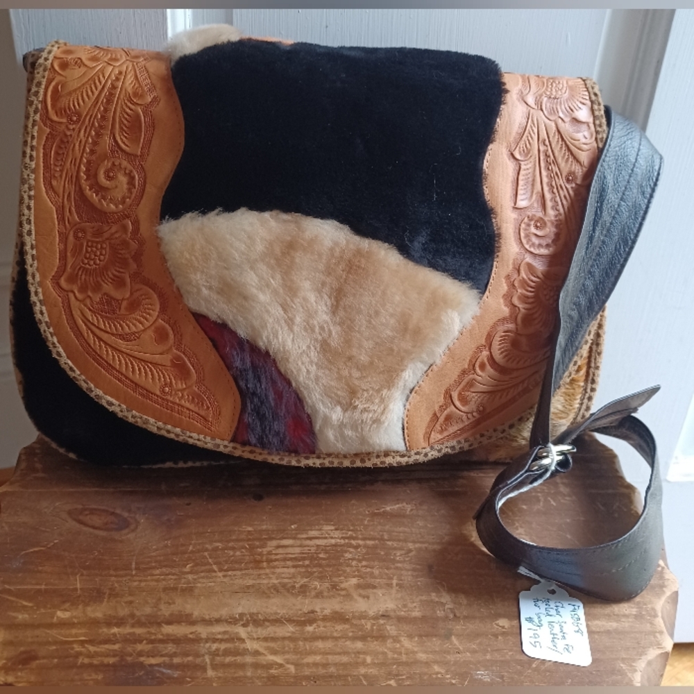 Vintage Char Santa Fe Tooled Leather and Fur Patchwork Shoulder/Crossbody Bag